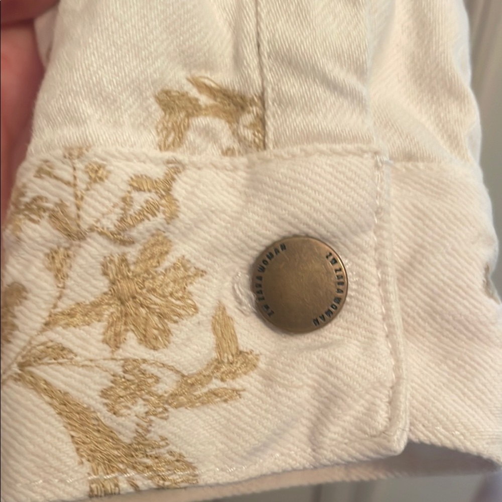 Zara White Tan Jean Jacket Distressed Cropped - Picture 5 of 9